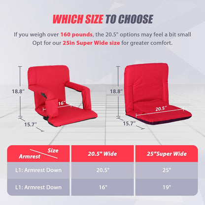 20.5"/25" Wide Stadium Seat for Bleachers w/Back Support Padded Cushion Portable Reclining Bleacher Seats Camping Stadium Chair Waterproof