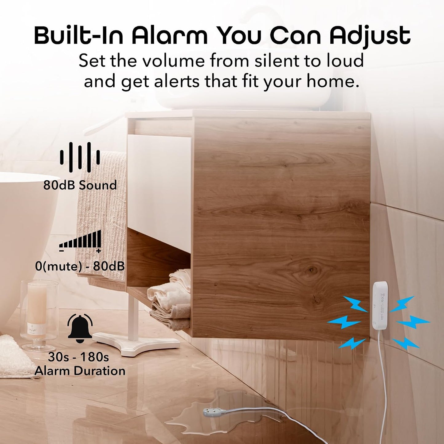 Geeni Smart Water Alarm Leak Detector, Siren Alert, 80dB, Battery Wi-Fi | App alerts for kitchen, bathroom, basement flood, Wi-Fi moisture sensor, Alexa & Google Home