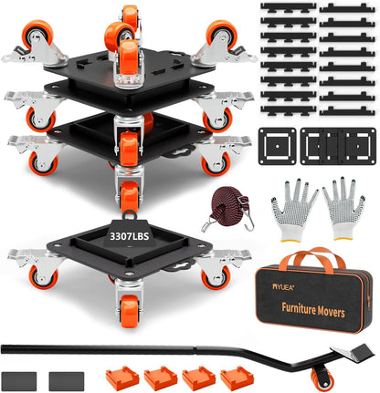 MYUEA Furniture Dolly 5 Wheels Heavy Duty with Removable Side Guards,3307 Lbs Capacity,360° Rotating Wheels & Side Brake,Furniture Movers Lifter Tool with Wheels for Appliances,Sofas,Beds,Pianos
