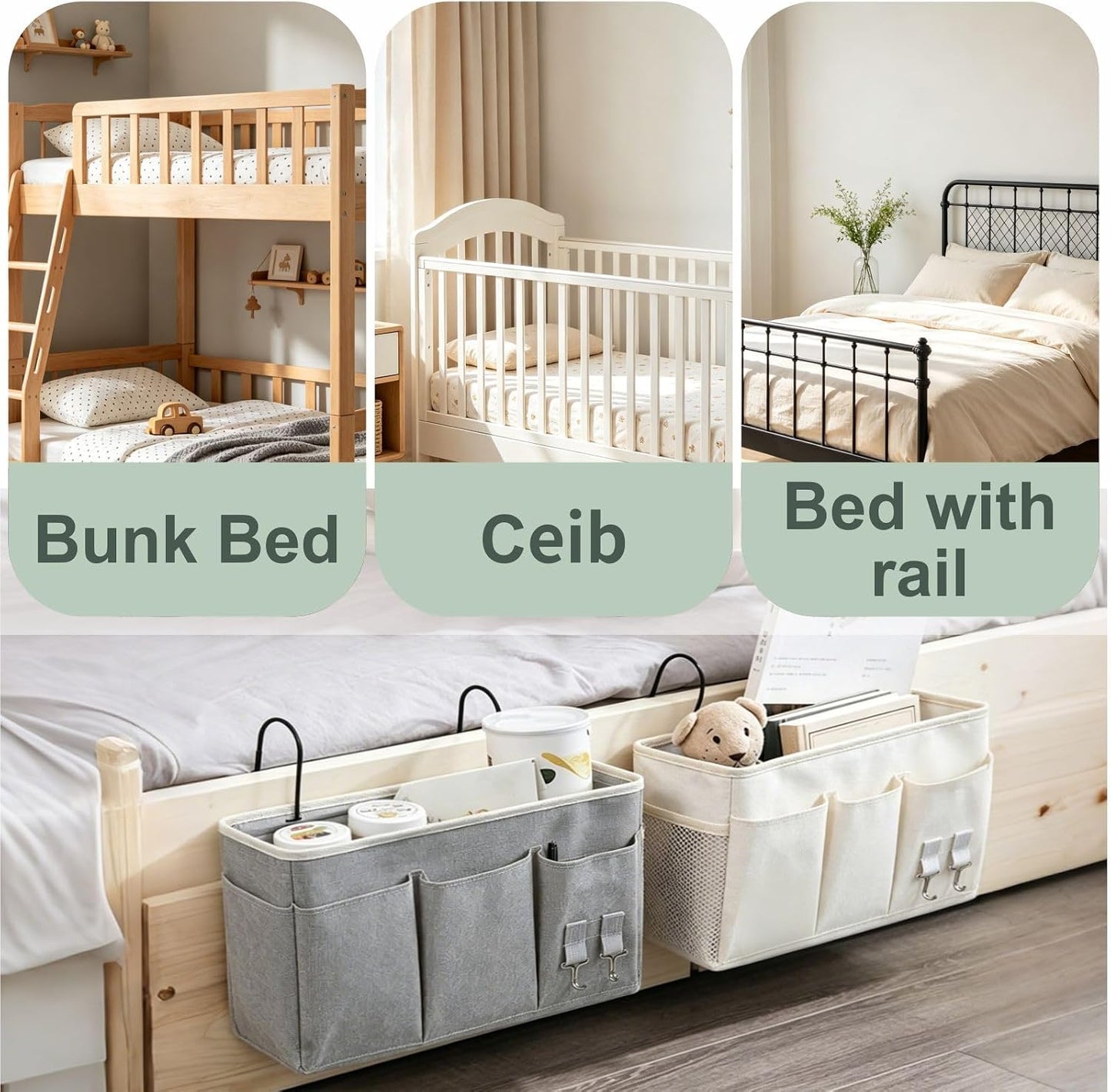 White Bedside Caddy Wall Bag for Dorm Bunk Hospital Beds, Stores Phone Books Glasses