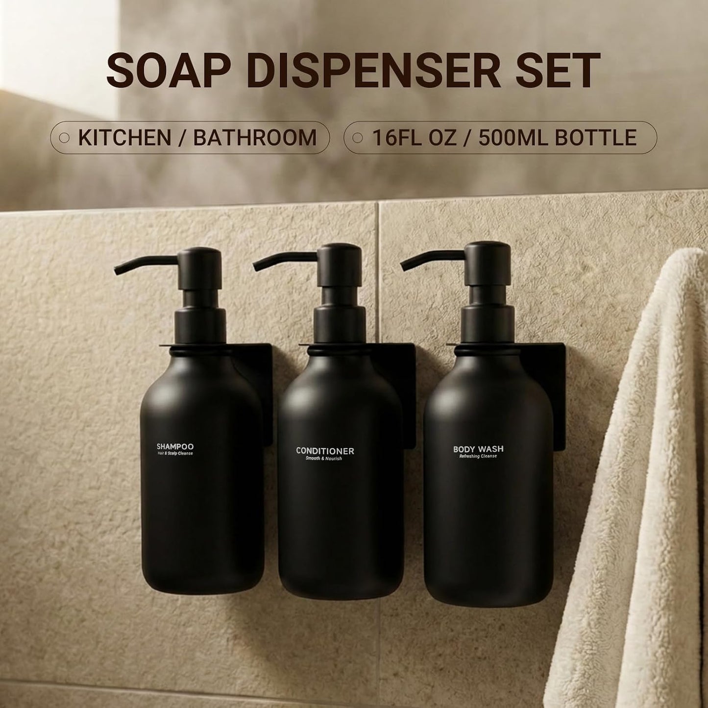 Shampoo and Conditioner Dispenser - Shower Soap Dispenser 3 Chamber No Drill - Bathroom Soap Dispenser Wall Mount Adhesive - Clear PET Bottles with Nature Bamboo Pumps Set Refillable 1500ml