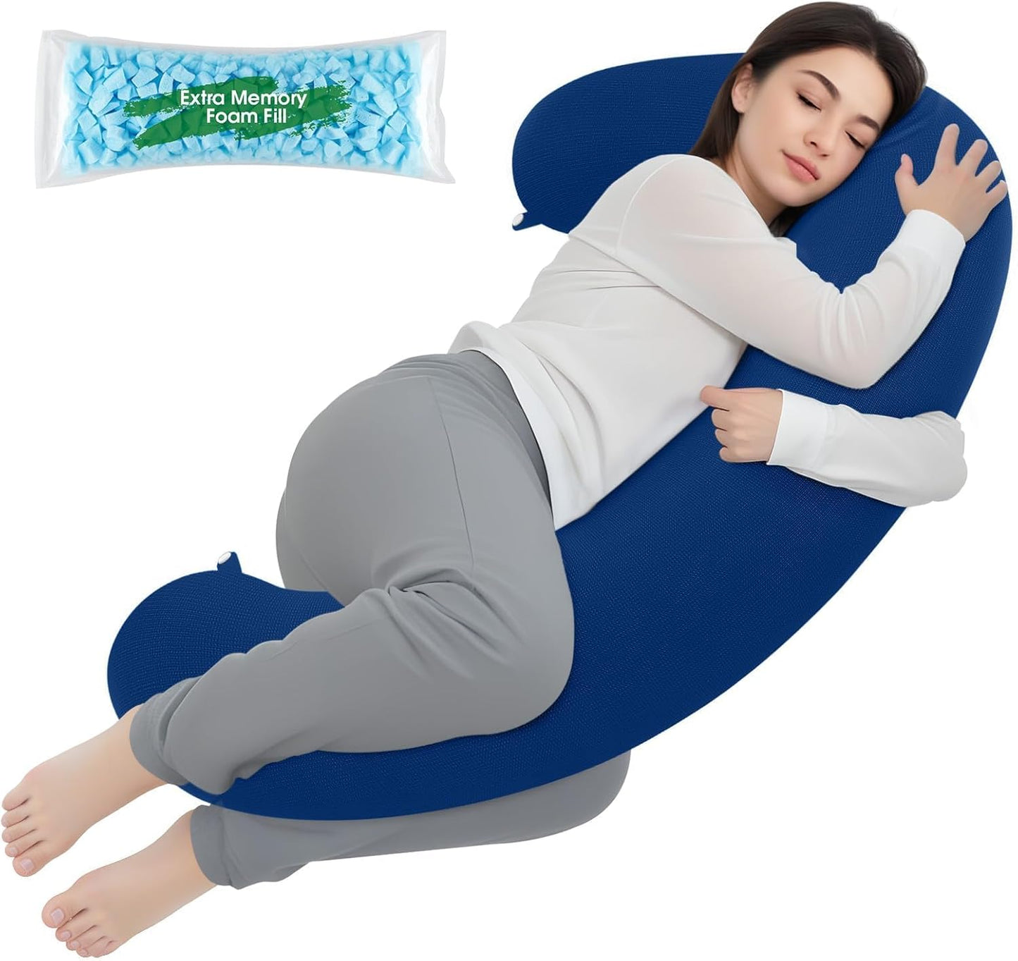 TranquilRelax C Shaped Body Pillow for Side Sleepers, Memory Foam Long Pillow for Leg, Hip & Back Support, Soft Washable Cover,Grey-47"*10"