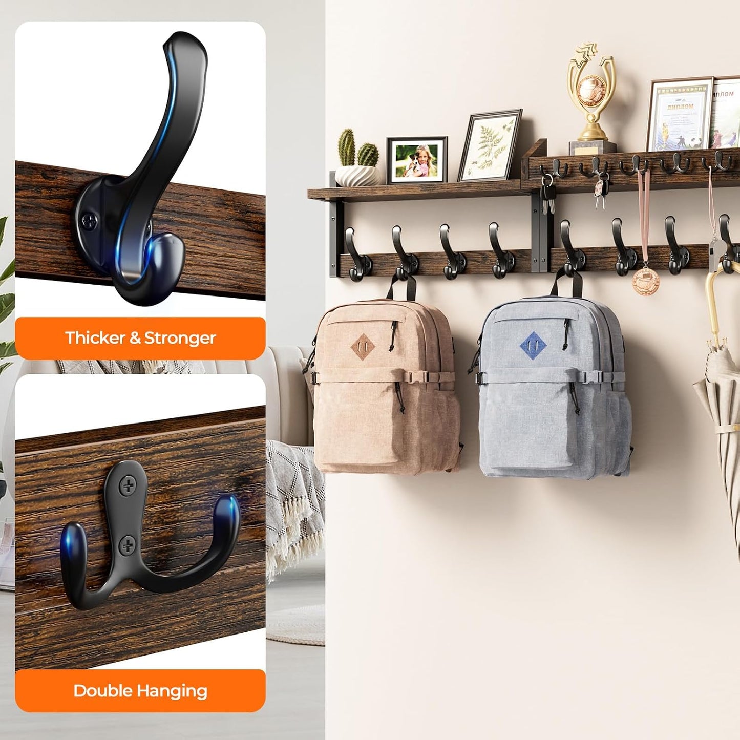 Evermagin 29" Coat Rack Wall Mount with Shelf for Entryway, Rustic Brown | Wall Mounted Coat and Key Rack with Hooks, Key Holder with Mail Organizer for Wall, Living Room, Mudroom, Bedroom