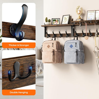 Evermagin 29" Coat Rack Wall Mount with Shelf for Entryway, Rustic Brown | Wall Mounted Coat and Key Rack with Hooks, Key Holder with Mail Organizer for Wall, Living Room, Mudroom, Bedroom
