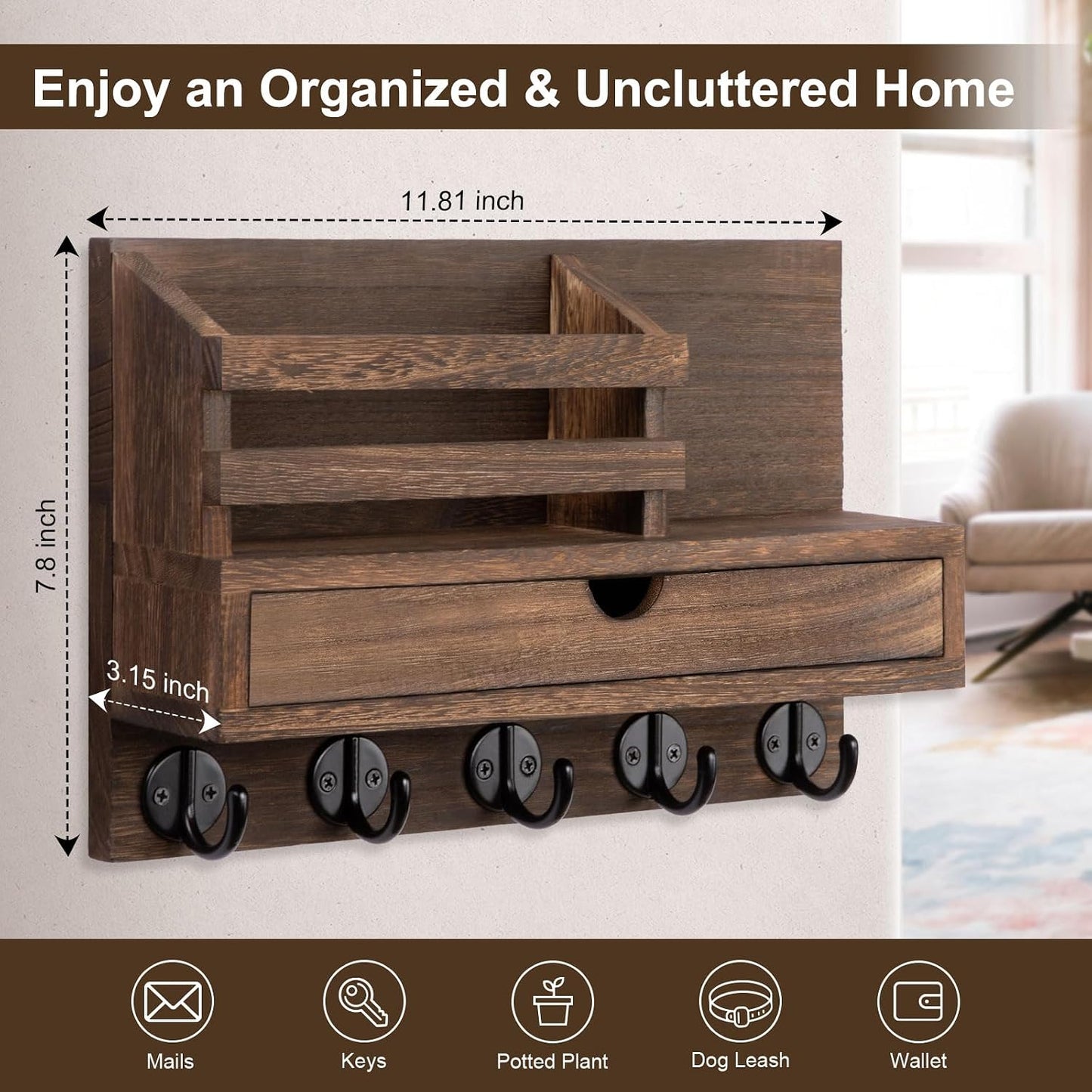 Key Holder Wall Mount, Mail Holder with Storage Drawer | Key and Mail Holder with 5 Key Hooks for Coat, Dog Leash, Home Decor Rack, House Accessories, Entry Way Organizer