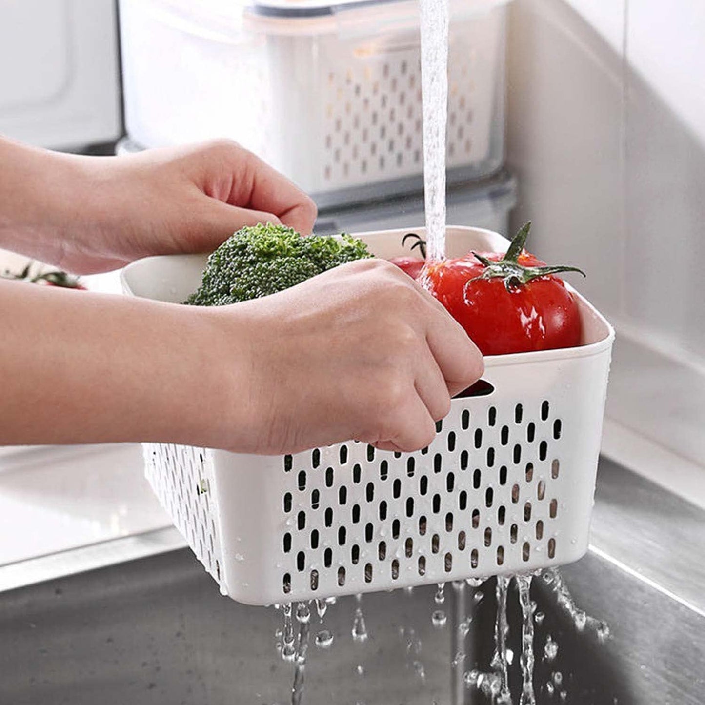 4 Pack Fresh Food Storage Containers, Large Capacity Produce Saver Box with Drain Baskets & Lid, Fridge Organizer, Airtight Fruit Organizer for Refrigerator, Stackable Plastic Fruit Veggie Saver