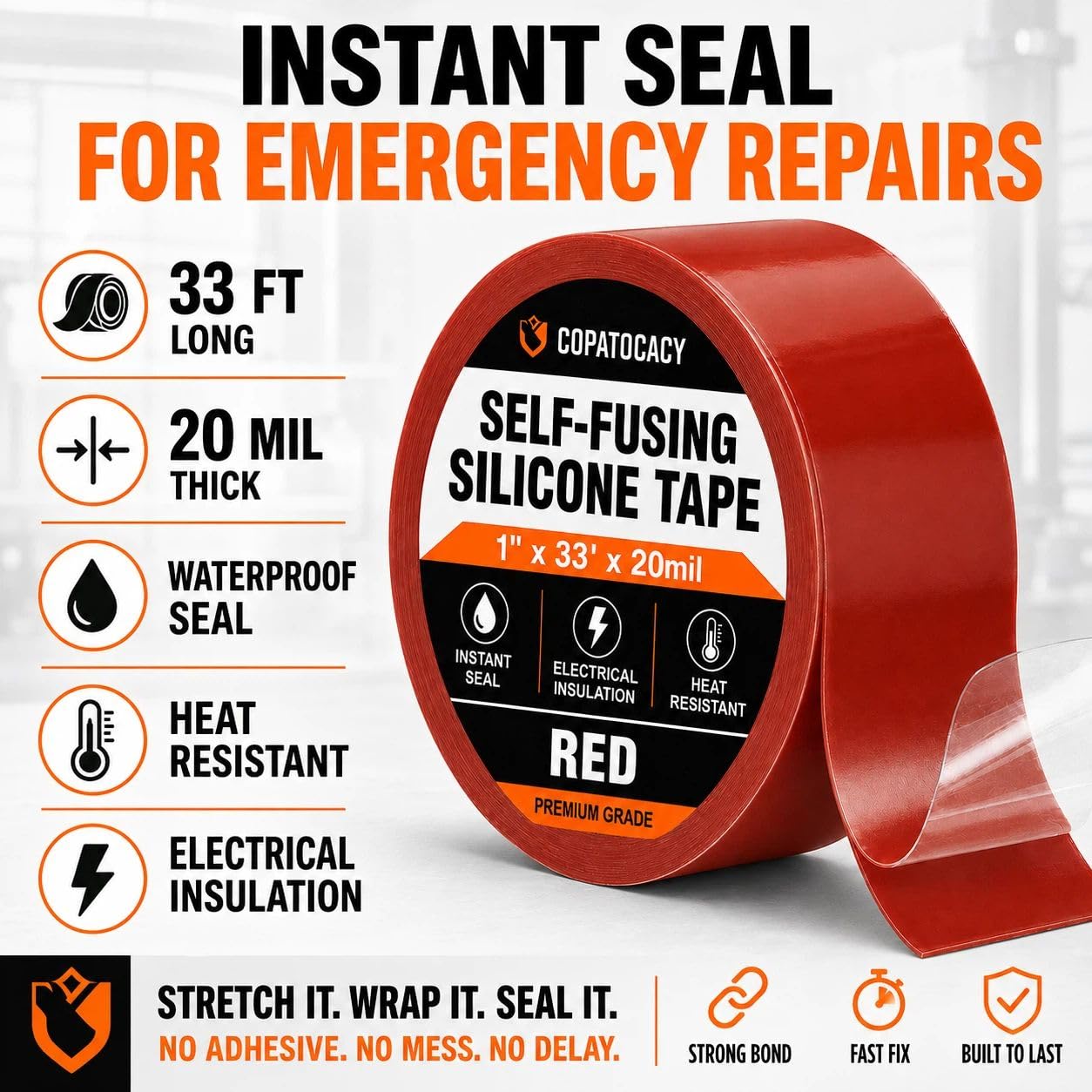 Self-Fusing Silicone Sealing Tape, Waterproof Repair Tape for Hose, Pipe, Electrical Cable, High Strength Leak Fix Wrap, Weatherproof Emergency Insulation Tape (1" x 5' x 20mil)