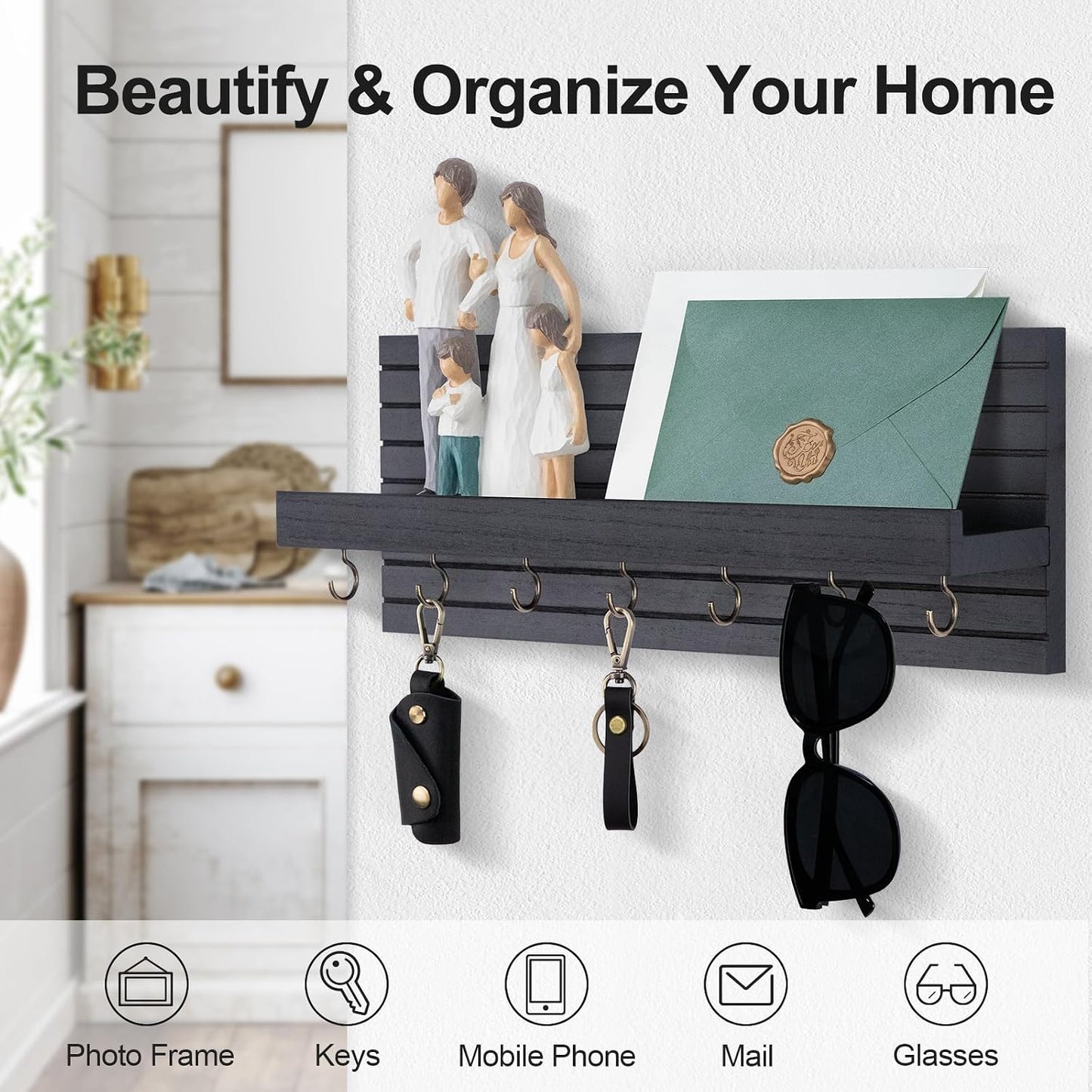 Lwenki Decorative Key Holder for Wall with Shelf, Entryway Shelf with Hooks Holds Leashes, Jackets and Glasses – Sturdy Wood Keyholder Entrance Hanger with Mounting Hardware (Black, Medium)