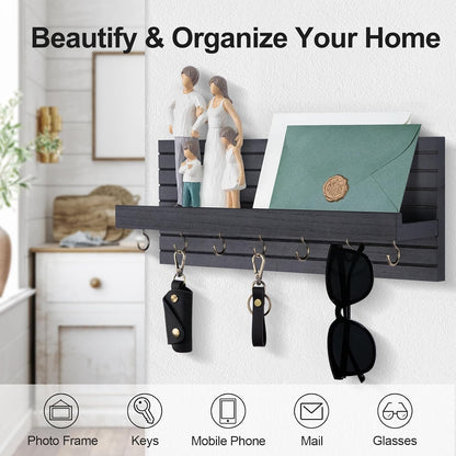 Lwenki Decorative Key Holder for Wall with Shelf, Entryway Shelf with Hooks Holds Leashes, Jackets and Glasses – Sturdy Wood Keyholder Entrance Hanger with Mounting Hardware (Black, Medium)