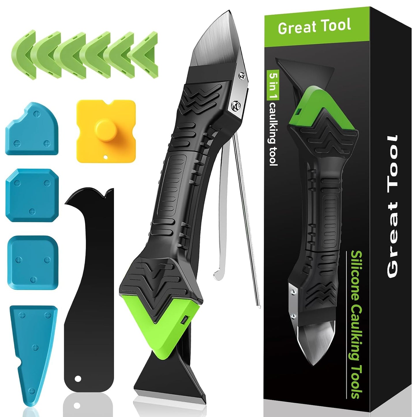 5 in 1 Silicone Caulking Tool Kit, Caulk Remover Tool with Stainless Steel Head,Caulk Finishing Tool with Different Angles,Grout Removal Tool for Kitchen Sink Washroom Floor Bathroom Toilet Caulking