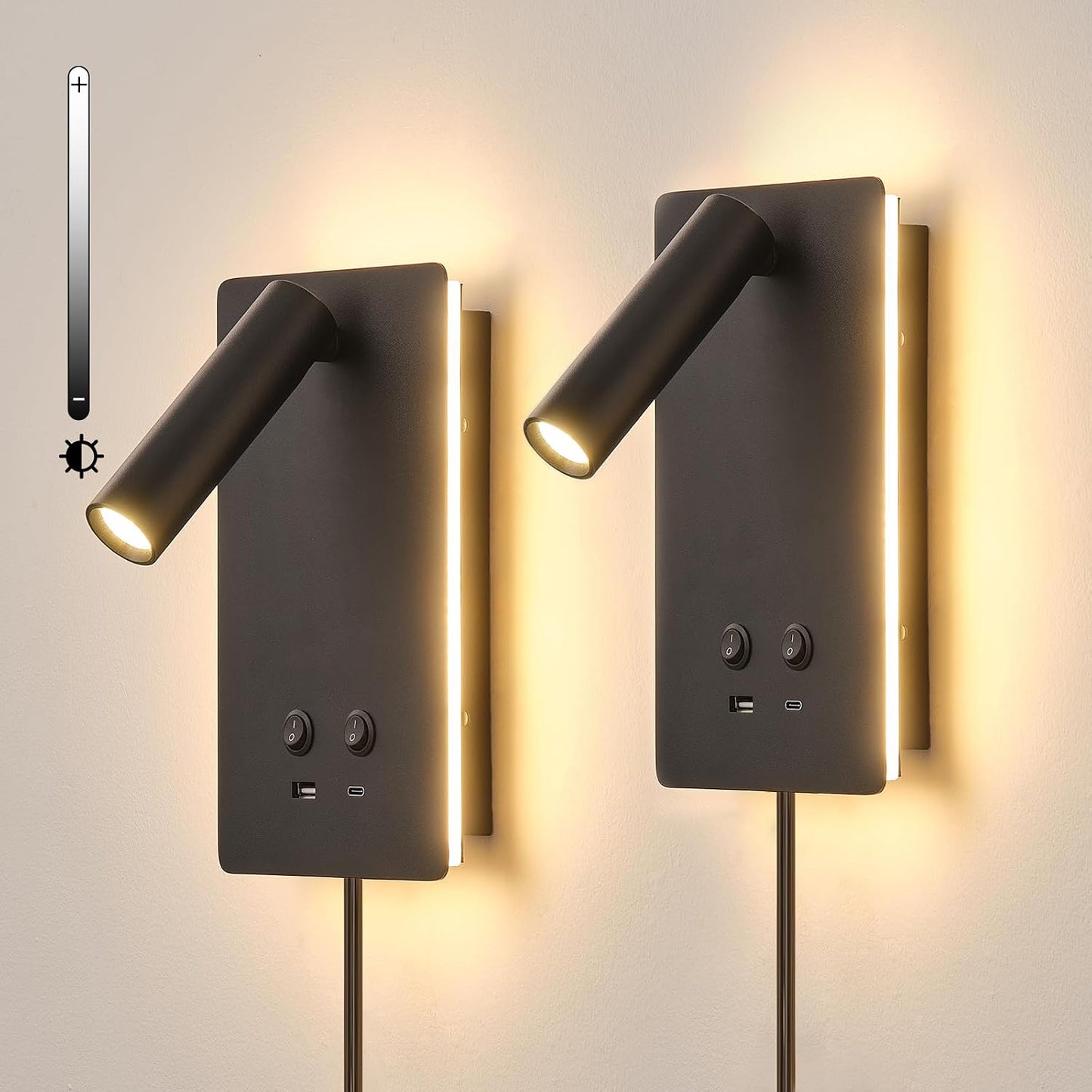 MOLUOLA LED Wall Lamp Wall Mounted Reading Lights, Adjustable Headboard Plug in Wall Sconce with USB C+A Ports, Headboard Bedside Lamp with 9W+3W Night Light 3000K (White)