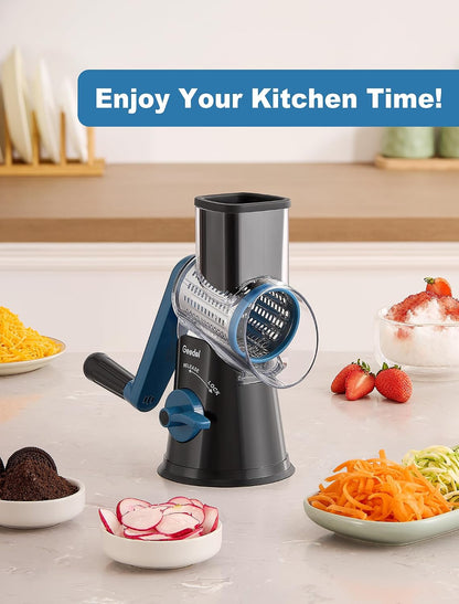 Geedel Rotary Cheese Grater, Kitchen Mandoline Vegetable Slicer with 3 Interchangeable Blades, Easy to Clean Rotary Grater Slicer for Fruit, Vegetables, Nuts | 3 Blades, 430 Stainless Steel, 12x Fast Cutting, Strong Suction Base, No BPA, Dishwasher Safe,