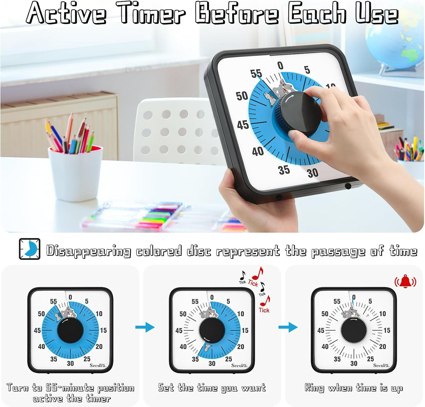 Secura Home 60-Minute Visual Timer, 7.5 Inch Oversize Countdown Timer Clock for Kids and Adults, Durable Mechanical Time Management Tool with Magnetic Backing （Sky Blue）