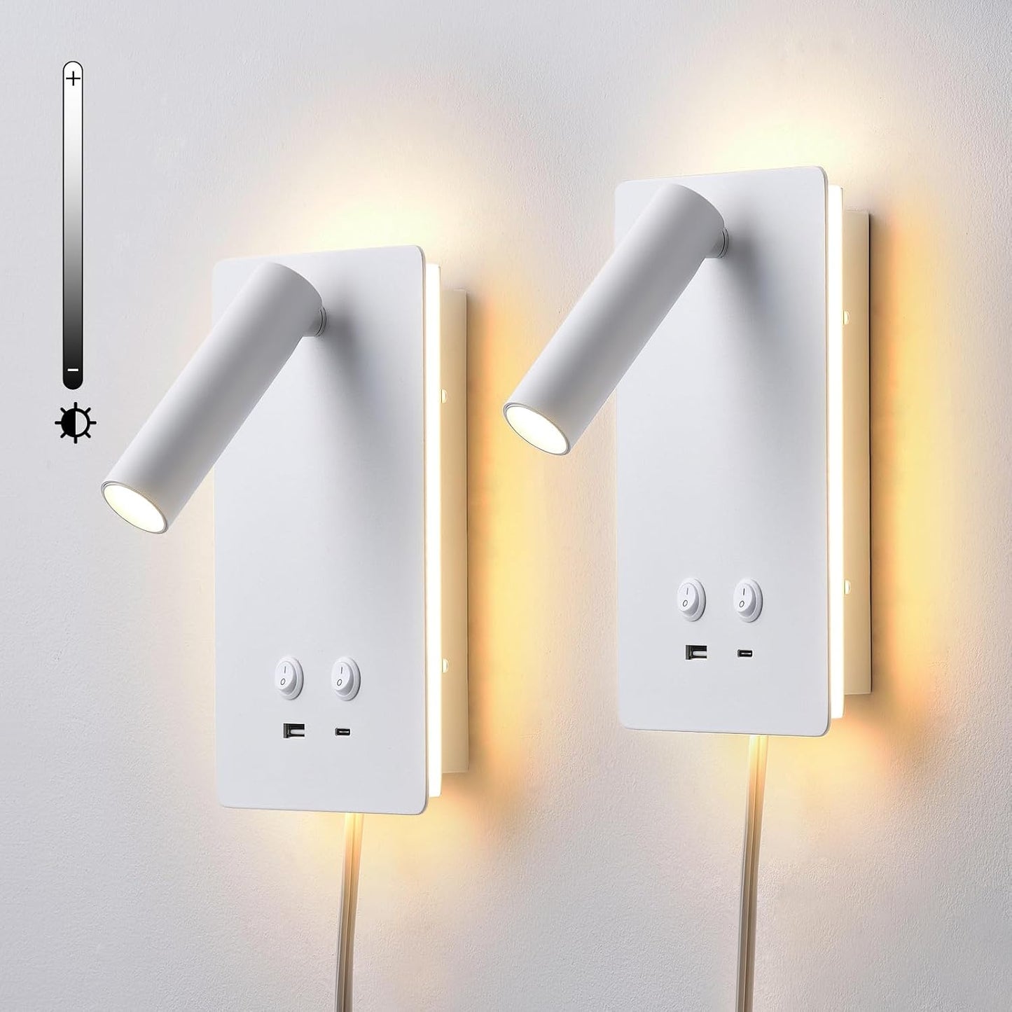 MOLUOLA LED Wall Lamp Wall Mounted Reading Lights, Adjustable Headboard Plug in Wall Sconce with USB C+A Ports, Headboard Bedside Lamp with 9W+3W Night Light 3000K (White)