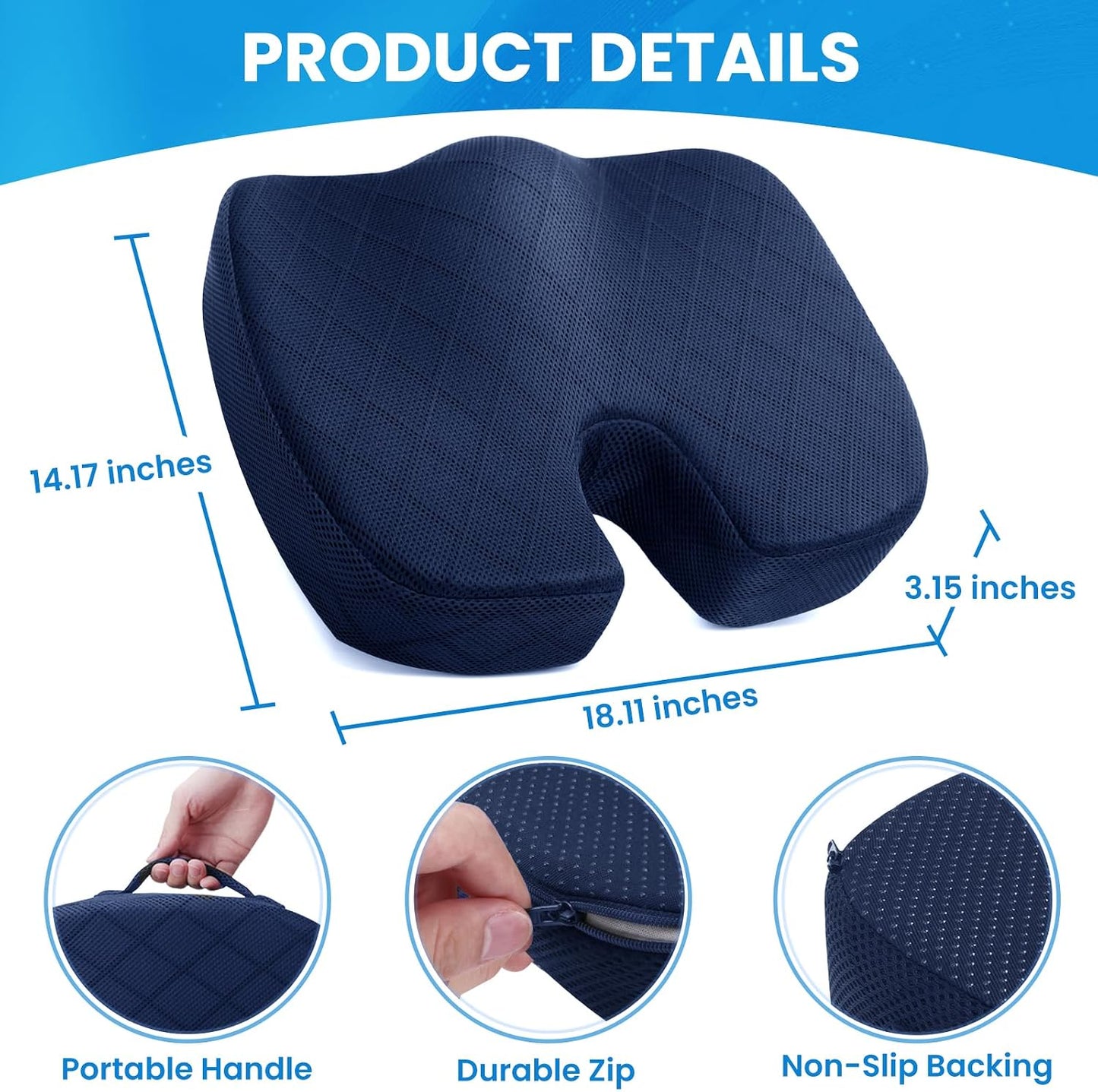 TushGuard Office/ Car Seat Cushion, Non-Slip Sciatica & Back Coccyx Tailbone Pain Relief Chair Pad, Memory Foam Butt Pillow for Computer Desk, Wheelchair, Driving (Black)