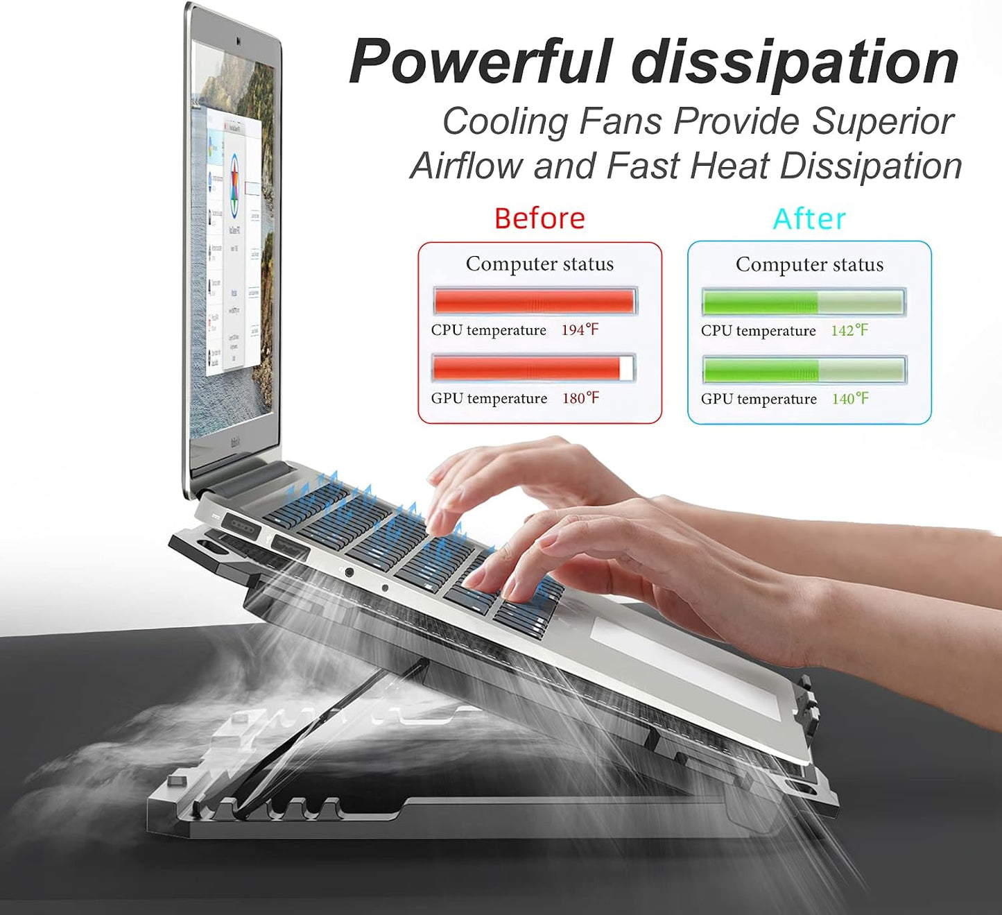 KYOLLY Upgrade Laptop Cooling Pad,Gaming Laptop Cooler with 5 Quiet Fans,2 USB Ports,5 Adjustable Stand Height,Blue LED Lights,for 15.6 Inch Laptops