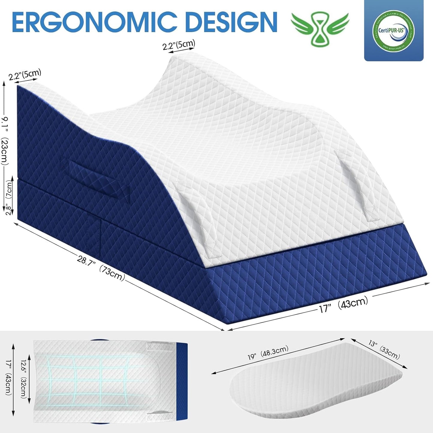 TranquilRelax Leg Elevation Pillows for After Surgery, Wedge Pillow, Grey | Memory Foam, All-around Knee & Ankle Support for Swelling, Height-adjustable, Nop-Slip Bottom, Washable Cover, Single-leg