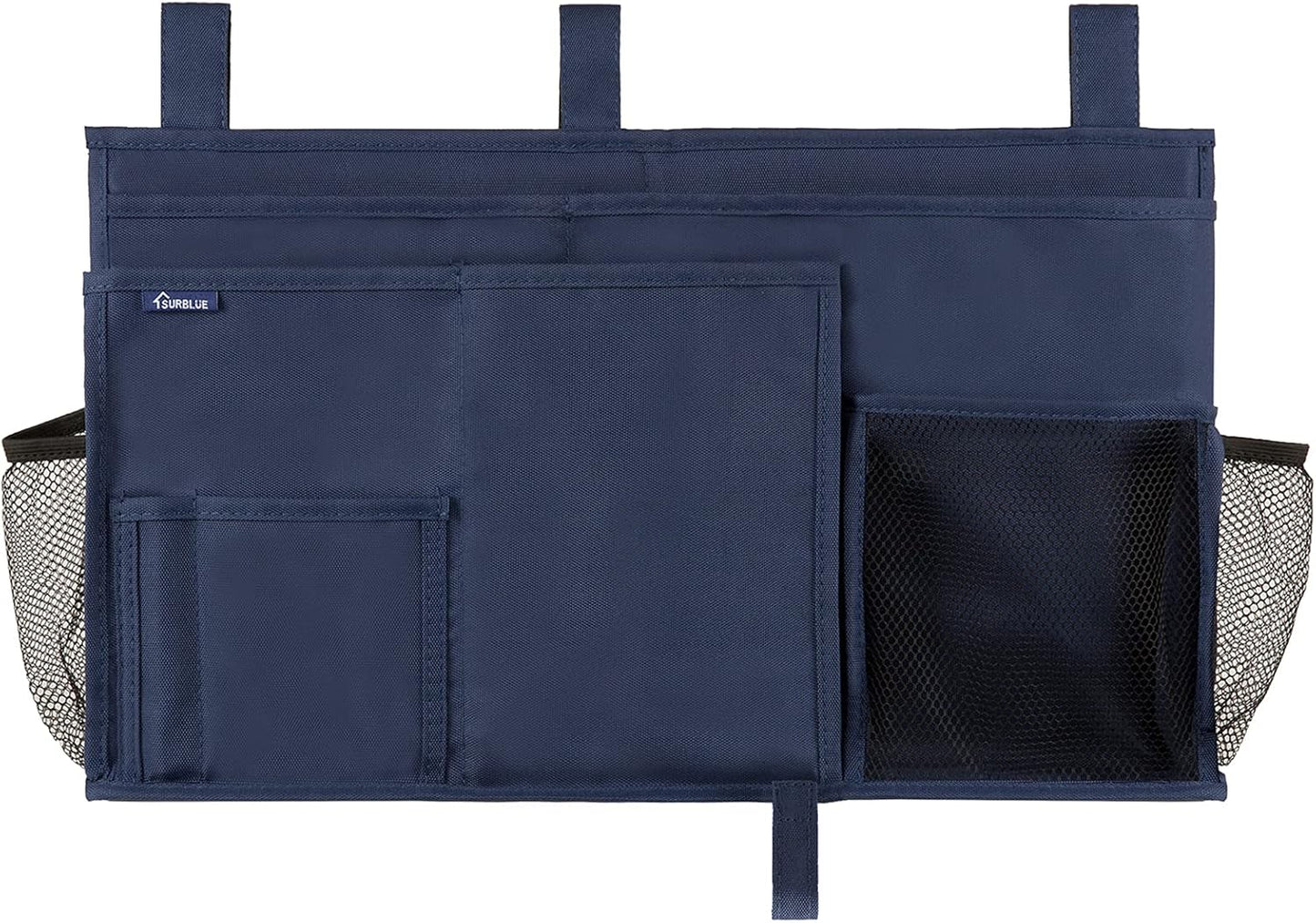 Surblue Bedside Caddy Hanging Organizer Storage Bag Pocket for Bunk, Hospital, College Dorm Rooms, Baby Bed Rails, Camp - 4 Pockets, 2 Hooks (Blue)