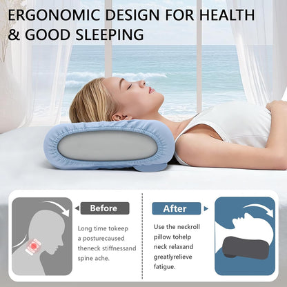 Ergonomic Cervical Neck Pillow, Memory Foam Travel Neck Support Pillow for Side, Back & Stomach Sleepers, Neck Roll Pillow for Pain Relief with Breathable Cover and Storage Bag