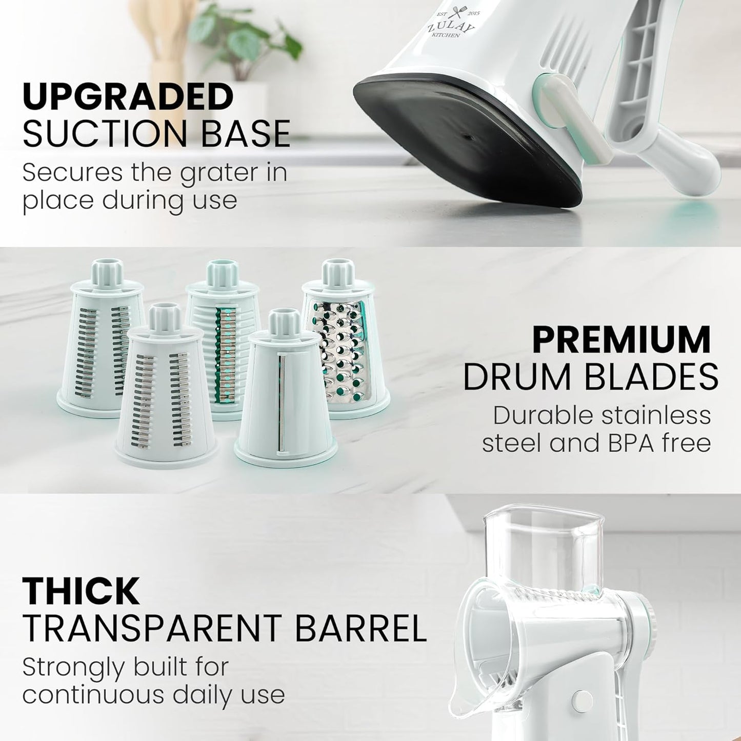 Zulay Kitchen Rotary Cheese Grater 5 Blade Cheese Shredder - Manual Hand Crank Cheese Grater With Reinforced Suction & 5 Interchangeable Drums - Easy to Use, Vegetable Chopper Round Mandoline Slicer - Colors A