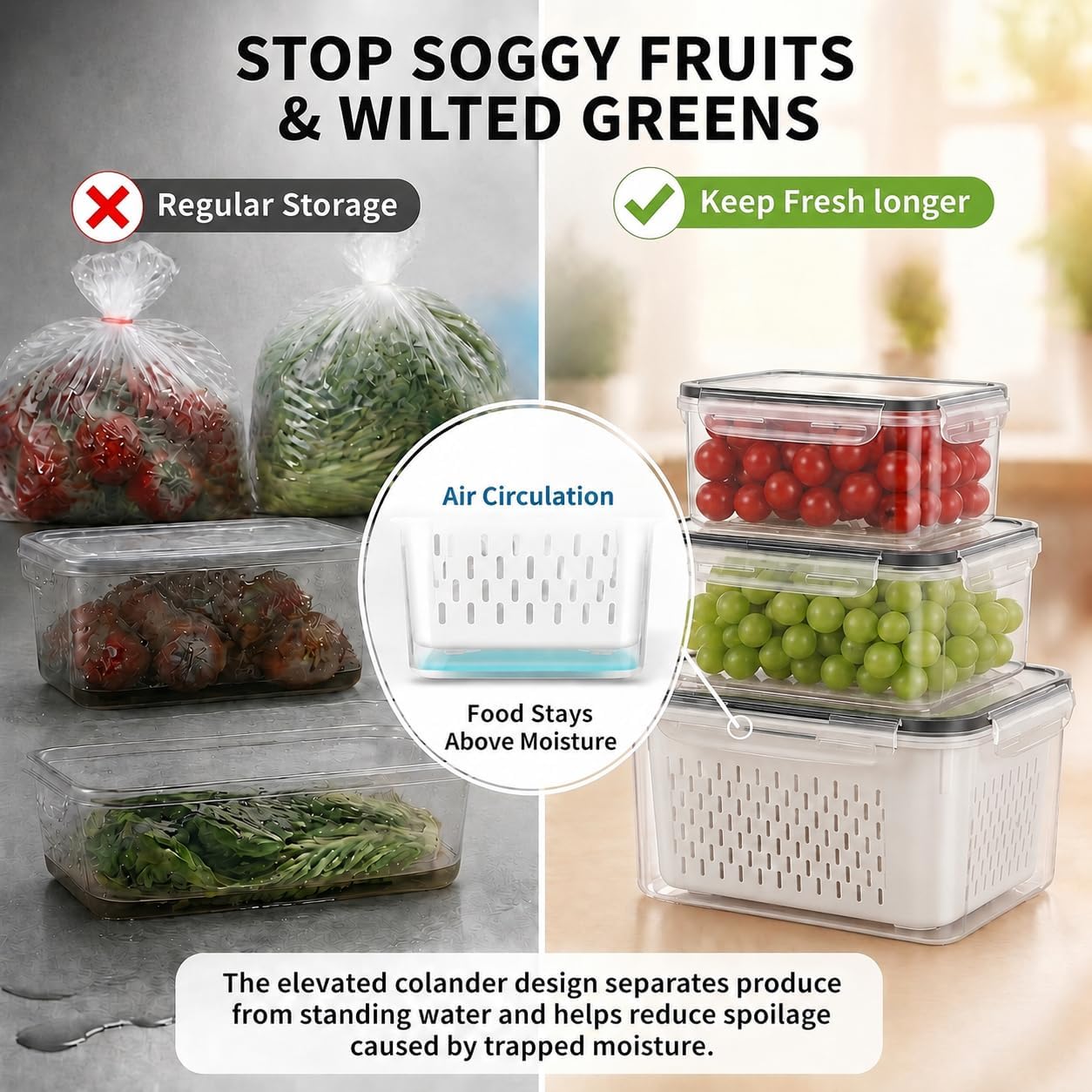 Fruit Storage Containers for Fridge with Lids, Fridge Organizers and Storage Produce Saver Box with Removable Drain Basket for Fruit Berry Salad Vegetable Meat, 380ml to 3150ml (4 Pack)