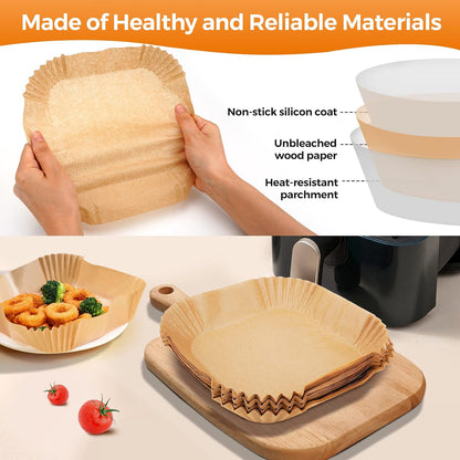 Air Fryer Liners Disposable, 150Pcs Parchment Paper 8" Square for 5-8QT | [Food Grade Material] Unbleached Parchment Paper Non-Stick & Waterproof Oilproof Easy Cleanup for Air Fryer Sheets Papers