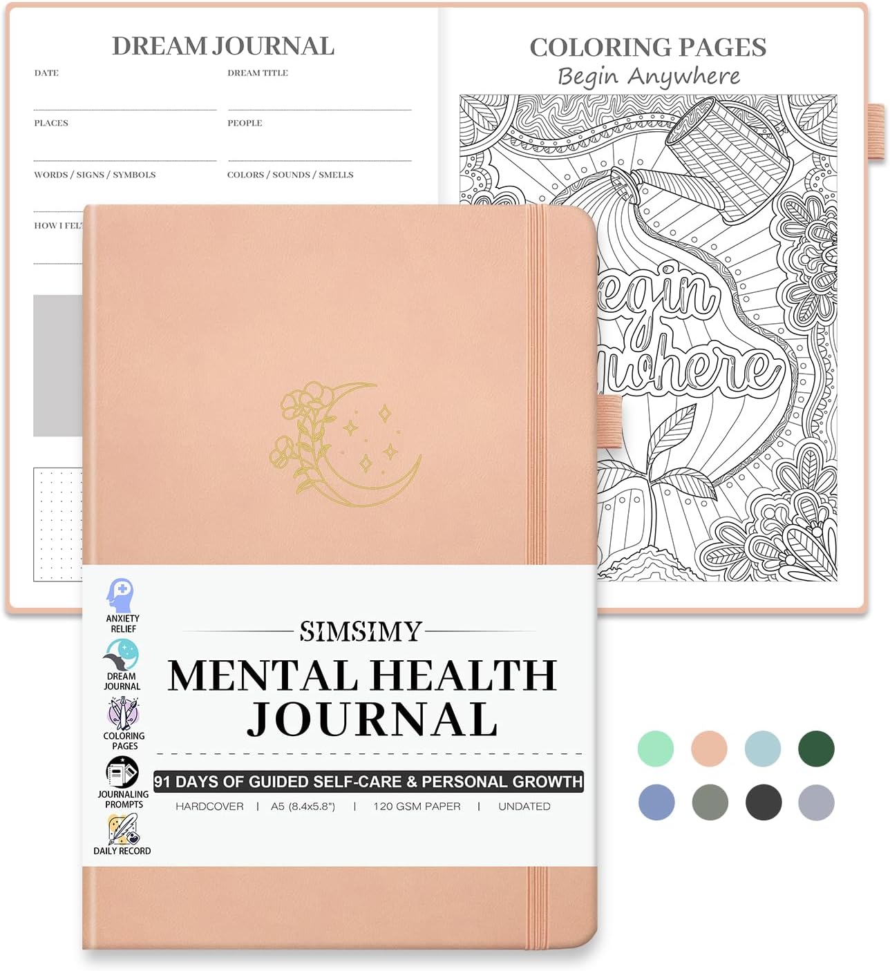 Mental Health Journal, 91-Day Self Care Journal for Women Men, Guided Anxiety & Stress Relief Journal with Mood Tracker, Cognitive Behavioral Therapy Journaling with Mental Health Coloring Pages & Dream Log