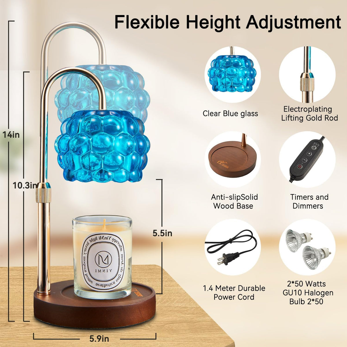 Candle Warmer Lamp with Timer Adjustable - Height Candle Warmer, Dimmer, Black Glass Wax Melting Lamps for Home Decor, for Candles in Jars with 2 Bulbs