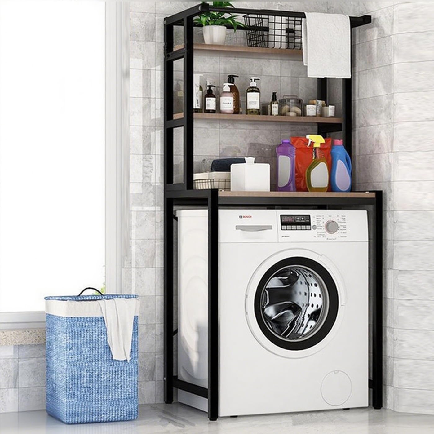 Gdrasuya10 3 Tier Over the Washer and Dryer Storage Shelf, Black Washing Machine Storage Utility Rack Freestanding Laundry Storage Shelf Organizer Space Save for Laundry Room Organization