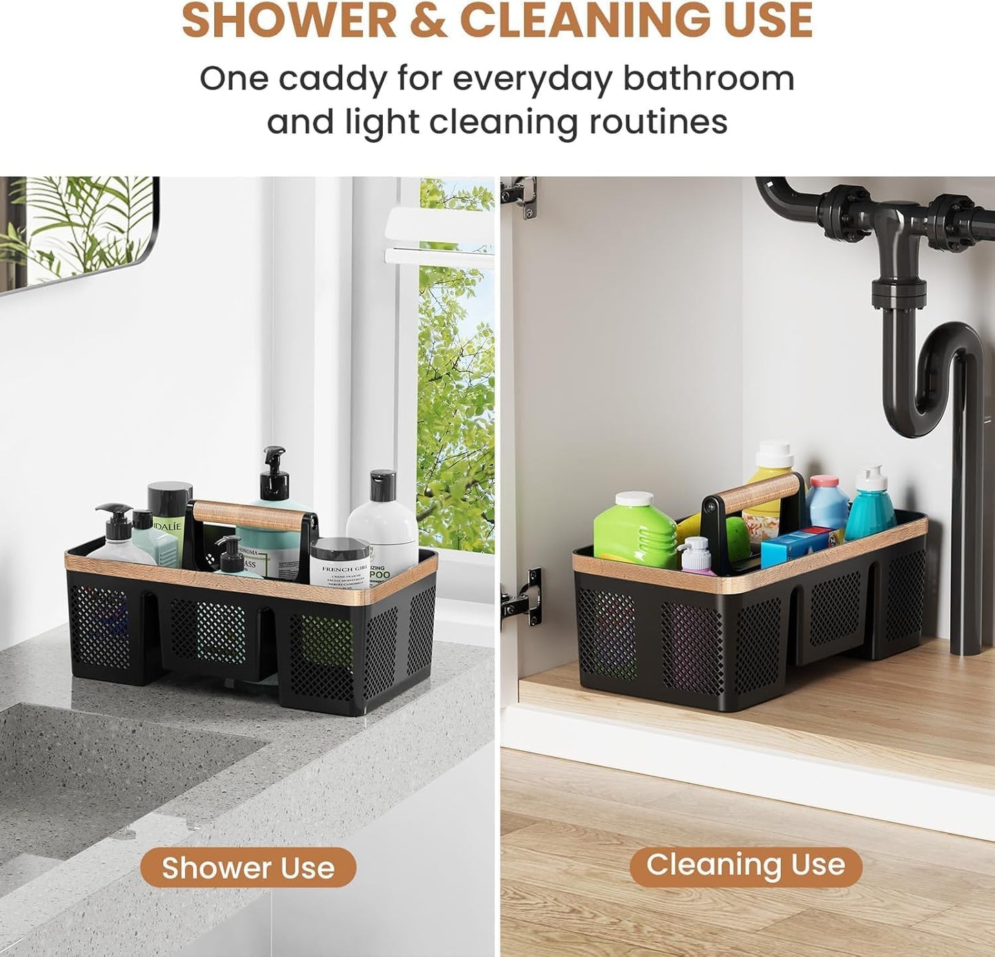 BYUNER Portable Cleaning & Shower Caddy with Handle: Rigid Plastic Basket with 4 Divided Compartments, All-Side Drainage for College Dorm, Bathroom & Utility Use, Black/Gold