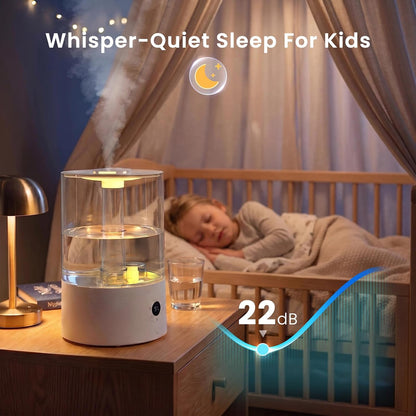 COWSAR Humidifier for Bedroom, 3L Top Fill Cool Mist Humidifier for Large Room, Easy to Fill & Clean, Quiet 22dB, Baby Humidifier, Nightlight, Timer/Sleep Mode, 360° Nozzle, Aromatherapy Tray, White