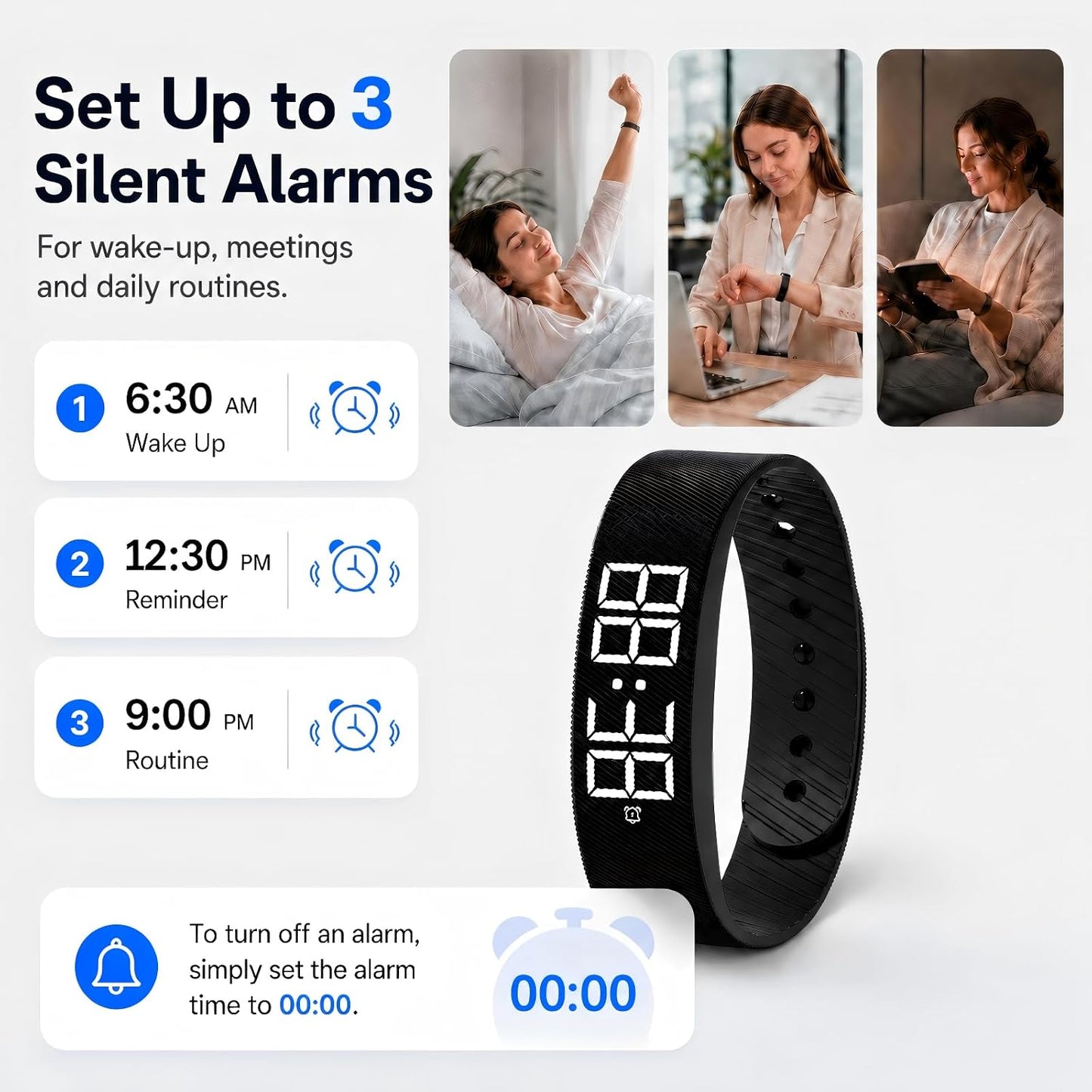 Vibrating Alarm Wristband for Heavy Sleepers with 3 Alarms | Silent Wrist Vibration / Ideal for Couples, Roommates and Shift Workers / Dorms and Travel