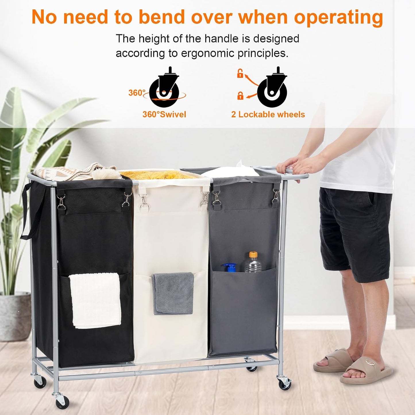 Heybly 3-Section Laundry Sorter Hamper,Rolling Laundry Hamper with Removable Bags – Heavy-Duty Laundry Sorter Cart with Wheels for Dirty Clothes, 40.2 x 15.4 x 33.1 Inches HLH024P03