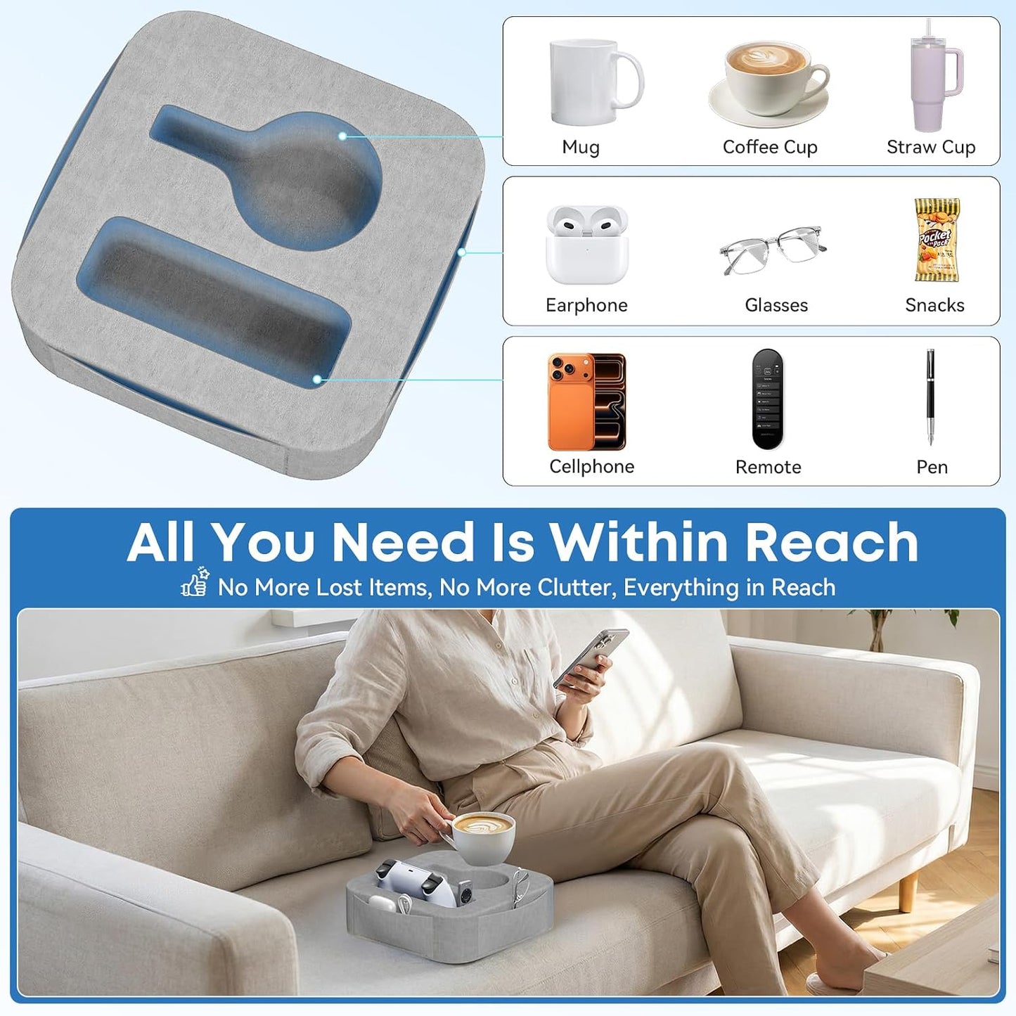 Couch Cup Holder Pillow, Sofa and Bed Caddy for iPad, Kindle, Switch, Game Controller, Remotes, Phones, Small-Sized Cup & Drink Holder for Couch, Bed, Desk, Car, Beach, Bathroom Cup Holder