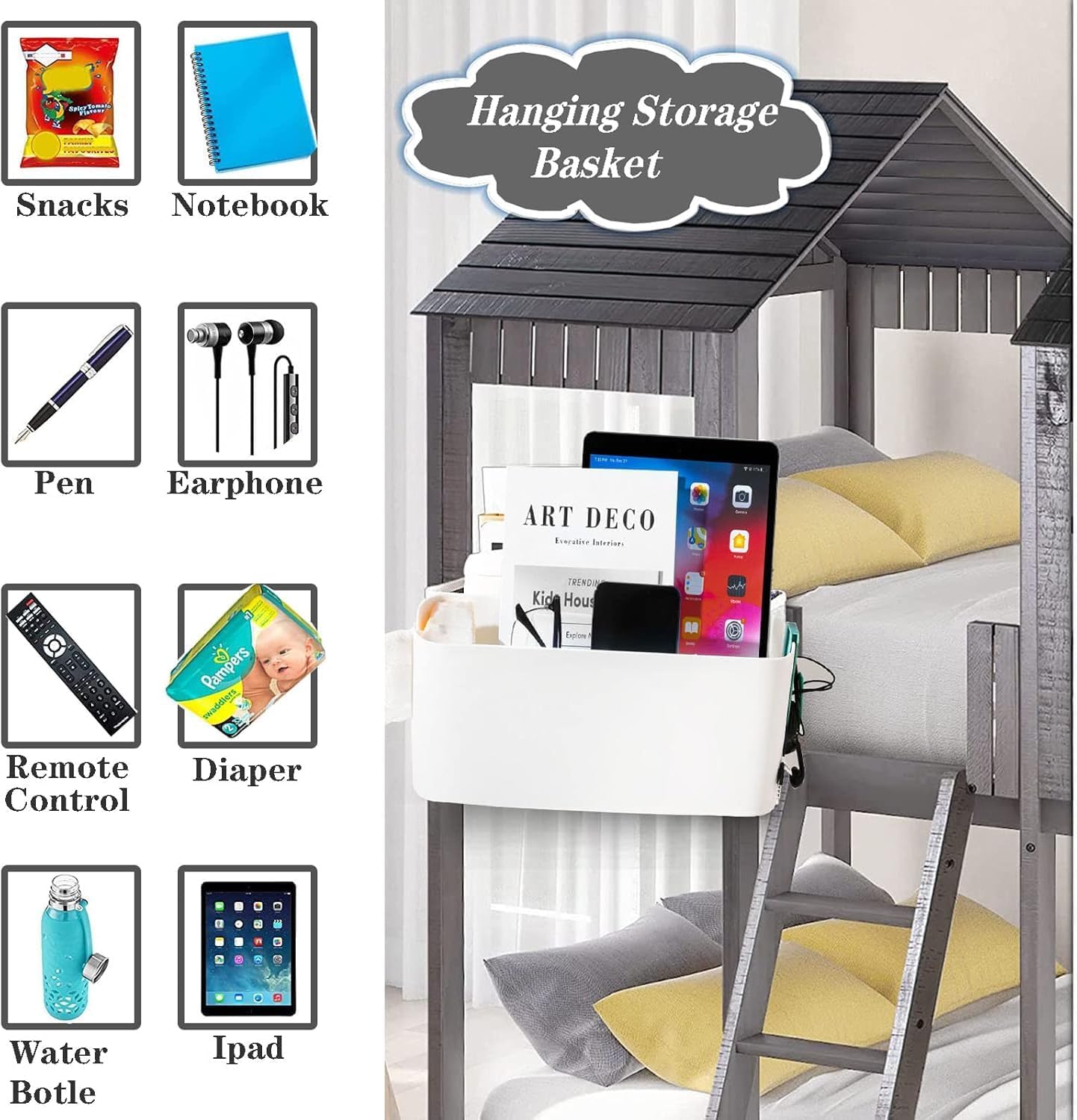 Bedside Hanging Caddy Hanging Storage Shelf Organizer Bed Organizer Basket Accessories with 2 Hooks for Baby Bed Rails Shelves Holder Dormitory College Dorm Room (White)