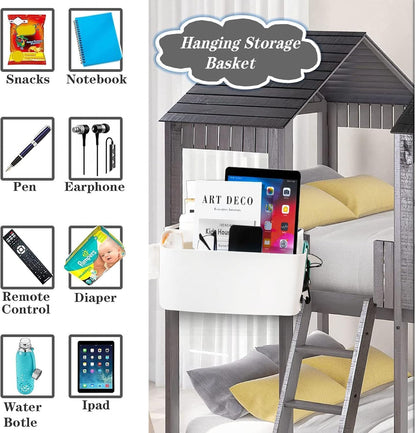 Bedside Hanging Caddy Hanging Storage Shelf Organizer Bed Organizer Basket Accessories with 2 Hooks for Baby Bed Rails Shelves Holder Dormitory College Dorm Room (White)