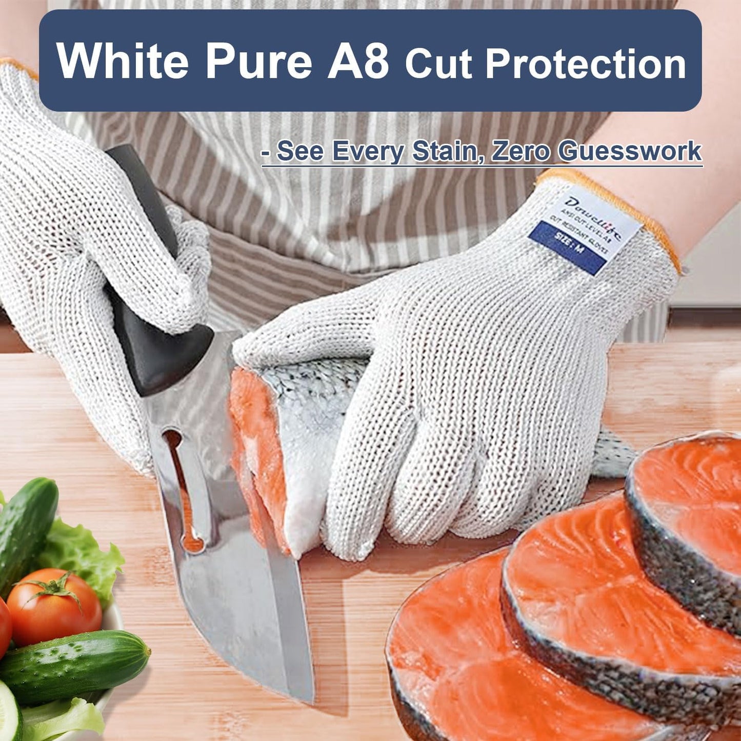 Dowellife Cut Resistant Gloves A9 Maximum Protection - Food Grade Kitchen & Chef Gloves for Food Prep, Knife Cutting, Mandoline Slicing, Butcher, Oyster Shucking, Fish Handling (Medium)