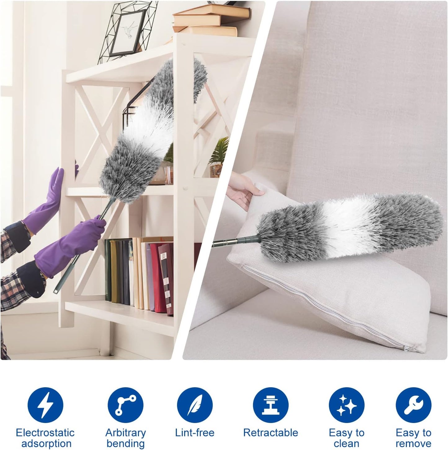 Retractable Gap Dust Cleaner Cleaning Tools with 2 Microfiber Dusting Cloths Long Handle 60inches Washable and Retractable Duster Brush for Cleaning Under Appliances Furniture Couch Fridge