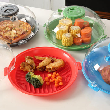 Microwave Splatter Cover Lid for Food 10.2 Inch with Water Steamer, Clear Microwave Splash Guard Cooker Lid with Plate, Dish Bowl Plate Serving Cover Cookware High Transparent Plastic Black
