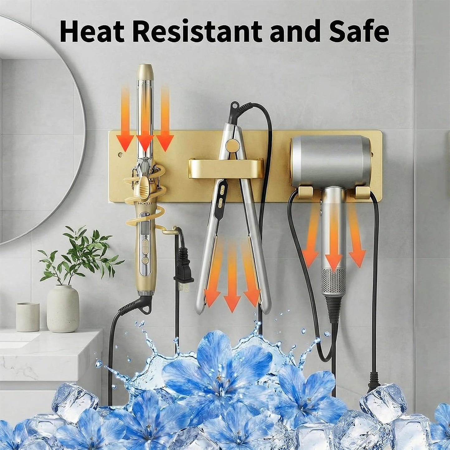 Hair Dryer Holder Hair Tool Organizer Metal Wall Mount (Gold) | Heat Resistant Hair Tool Organizer, Metal Wall Mount Storage, Bathroom Counter Space Saver, Blow Dryer Holder