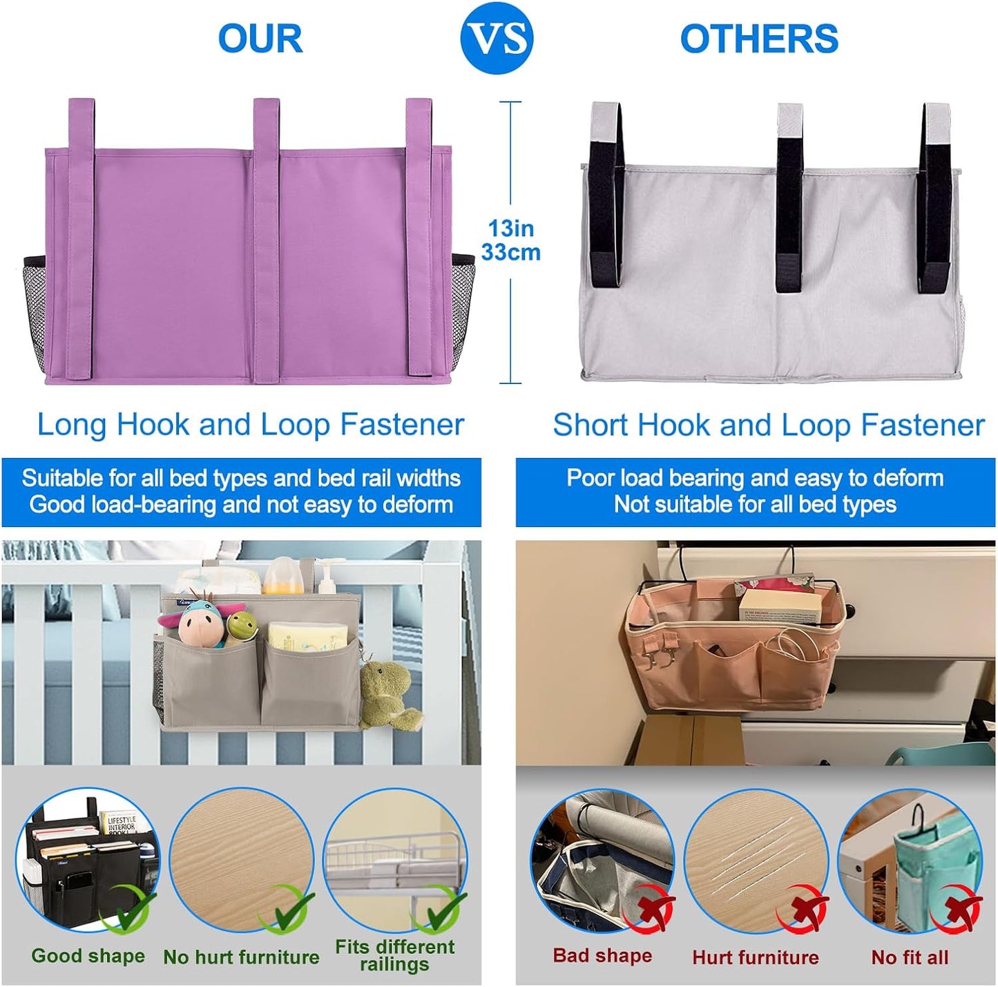 Surblue Bedside Caddy Hanging Organizer Storage Bag Pocket for Bunk, Hospital, College Dorm Rooms, Baby Bed Rails, Camp - 4 Pockets, 2 Hooks (Blue)