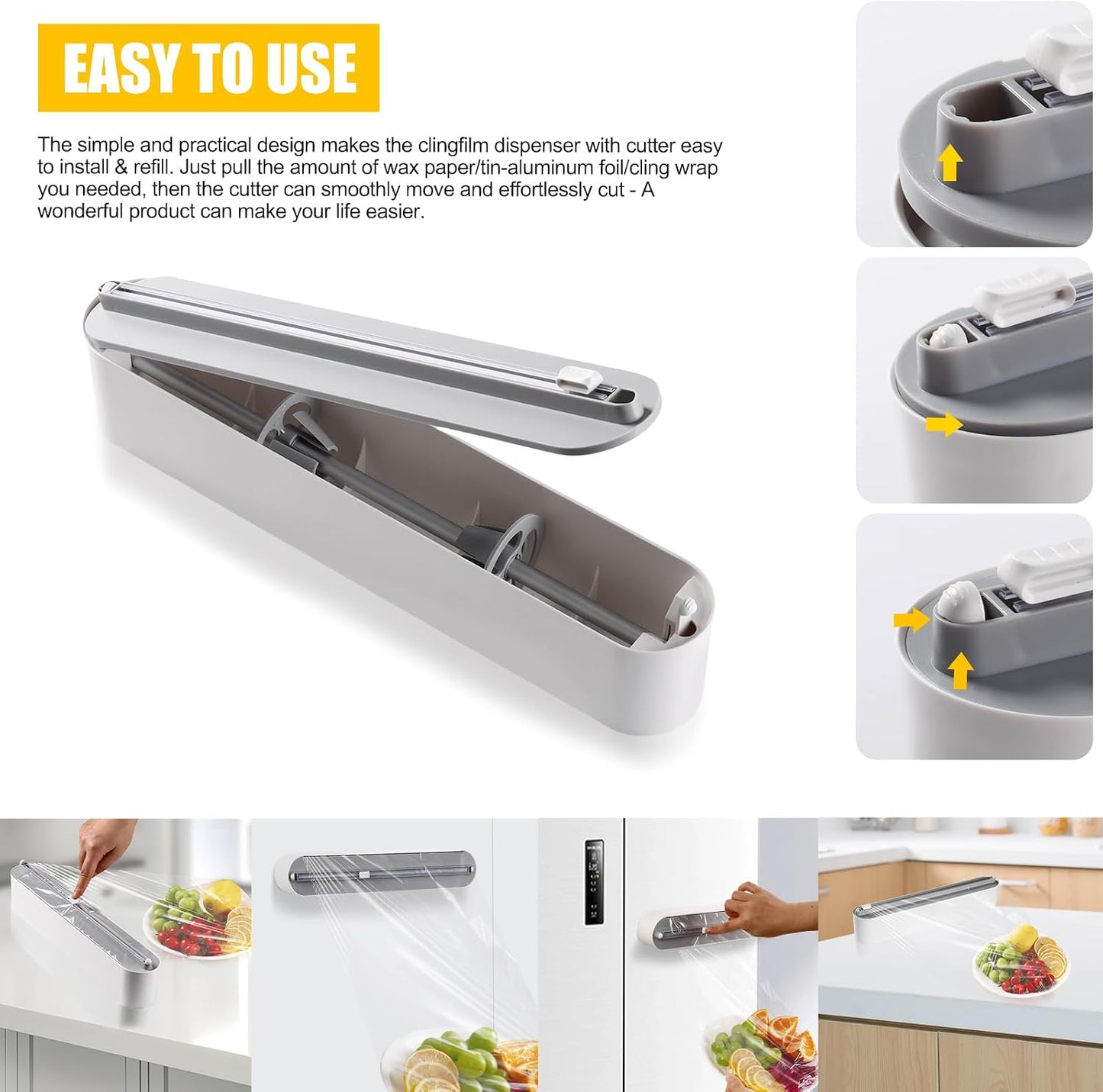 Aluminum Foil & Plastic Wrap Dispenser with Slide Cutter - Magnetic & No-Drill Wall Mount, Cling Film Dispenser for Worktops & Cabinets, Space-Saving Kitchen Organizer - Fits 12" Rolls, White