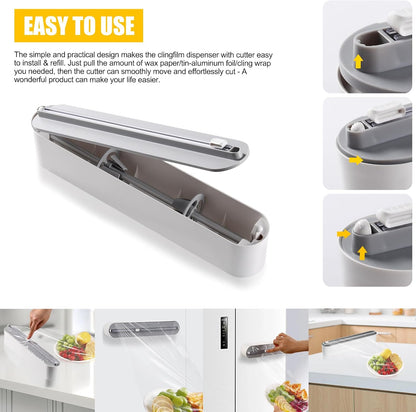 Aluminum Foil & Plastic Wrap Dispenser with Slide Cutter - Magnetic & No-Drill Wall Mount, Cling Film Dispenser for Worktops & Cabinets, Space-Saving Kitchen Organizer - Fits 12" Rolls, White