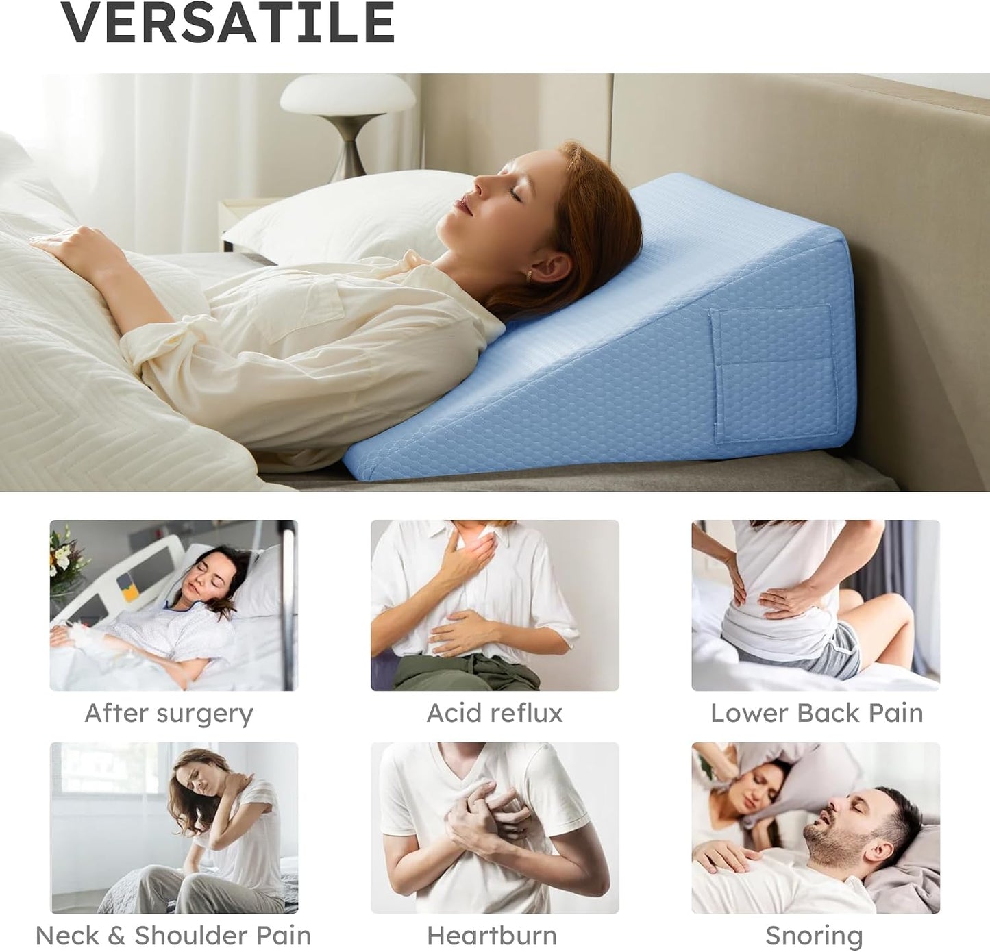 Bedluxe Wedge Pillow, 10 inch Bed Wedge Pillow for Headboard, Pillow Wedge for Acid Reflux Relief, Sleeping, Back Pain Relief, Snoring, Triangle Pillow Wedge, White/Grey