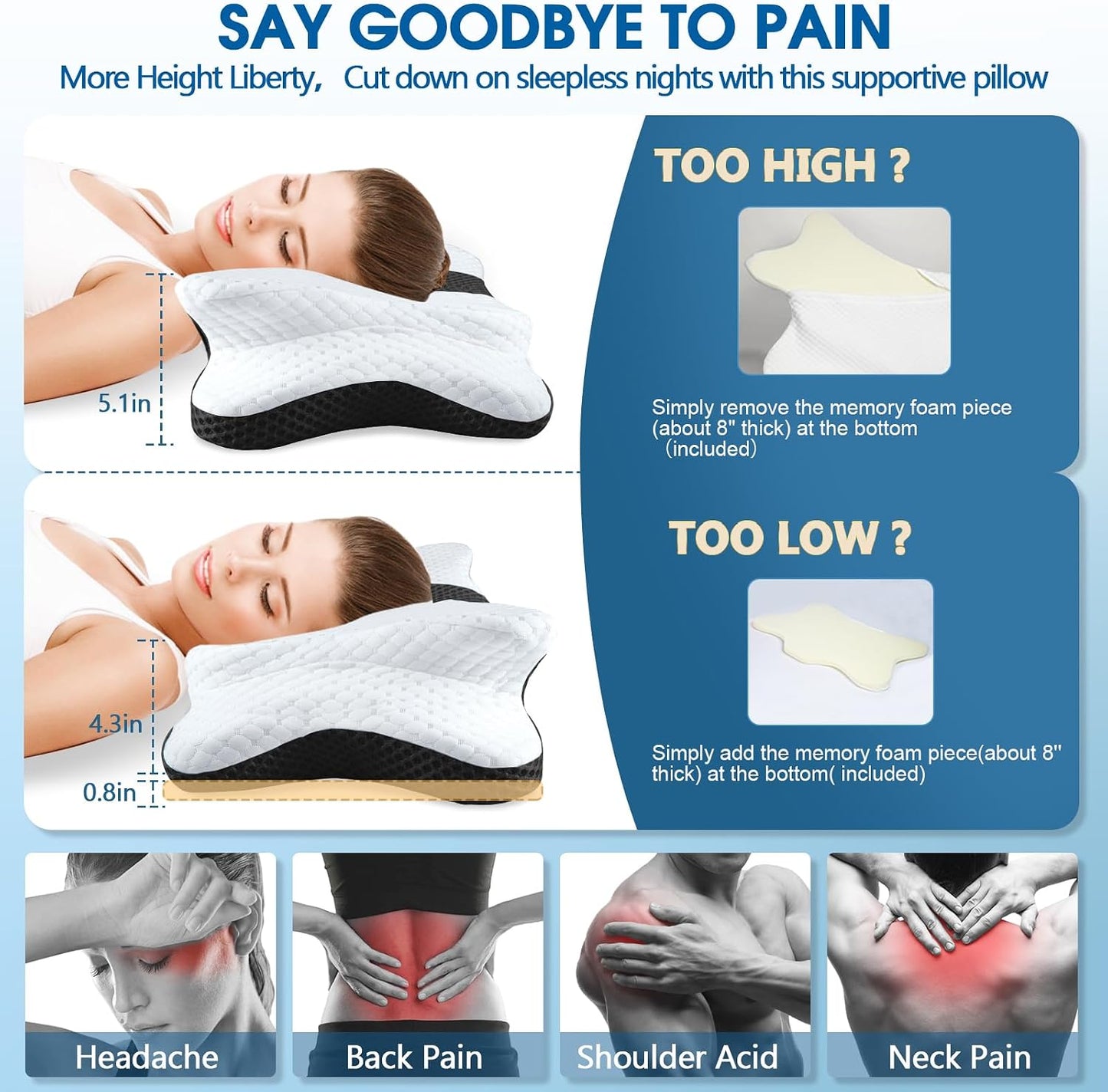 CHxxy Memory Foam Pillows, Cervical Pillow for Neck & Shoulder Pain Relief | Ergonomic Contour Bed Pillow, Soft for Side Sleep Stomach Sleeping and Back Sleeper-Queen Size&Grey