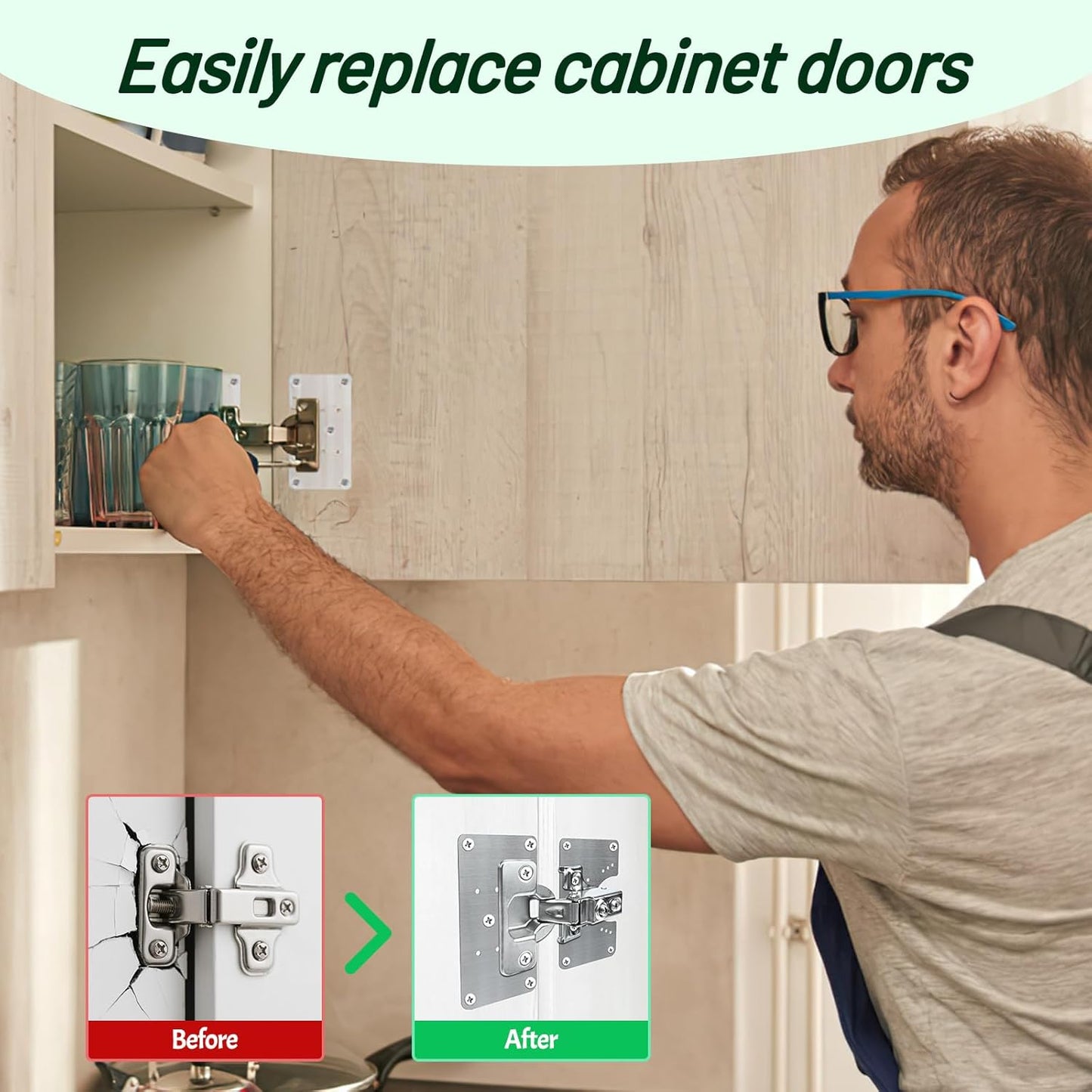 2 Pcs Cabinet Door Hinges, Cabinet Hinge Repair Plate Kit Fix Loose Sagging Cabinet Doors,Hinge Repair Plates for All Home Cabinets,Door Repair Kit Include(4 Repair Panels+2 Hinges+26 Screws) (1)