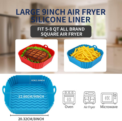 Boribim 2 PCS Square Silicone Air Fryer Liners - 8 Inch Reusable Air Fryer Pot - Air Fryer Accessories - Air Fryer Inserts for 4 to 7 QT Oven Microwave Accessories (Red + Blue)
