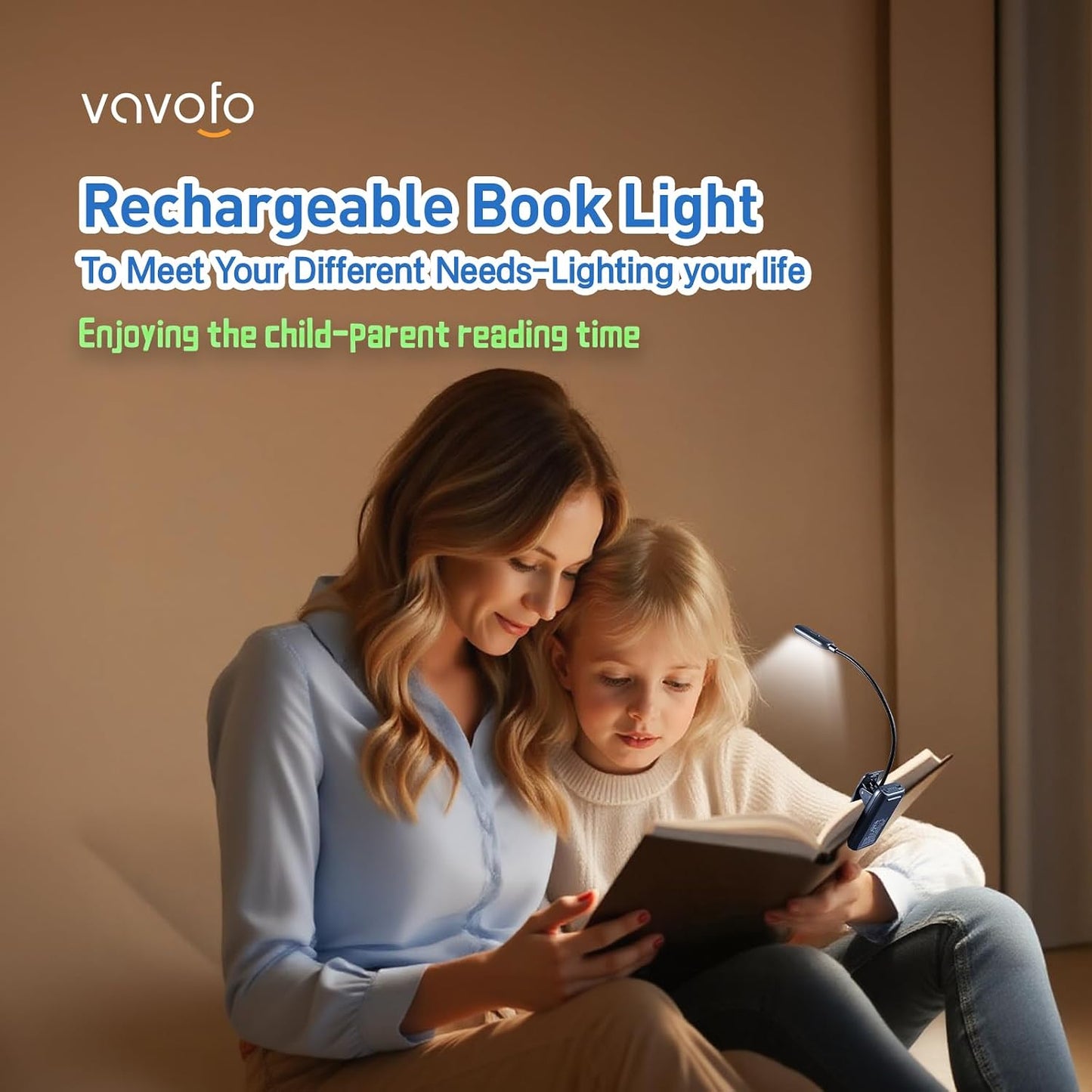 VAVOFO Rechargeable Book Light for Reading in Bed Kids, 7 LED Reading Light with 9-Level Warm Cool White Daylight, Eye Care Lamp with Power Indicator for Bookworms (Yellow)
