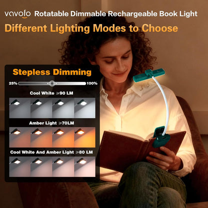 VAVOFO Rechargeable Book Light Rotatable：24 LEDs Reading Light, 3-Color & 9-Brightness Book Lamp, Eye Cared 120Hrs Runtime Lightweight Clip on Led Light for Book Lovers (Black)