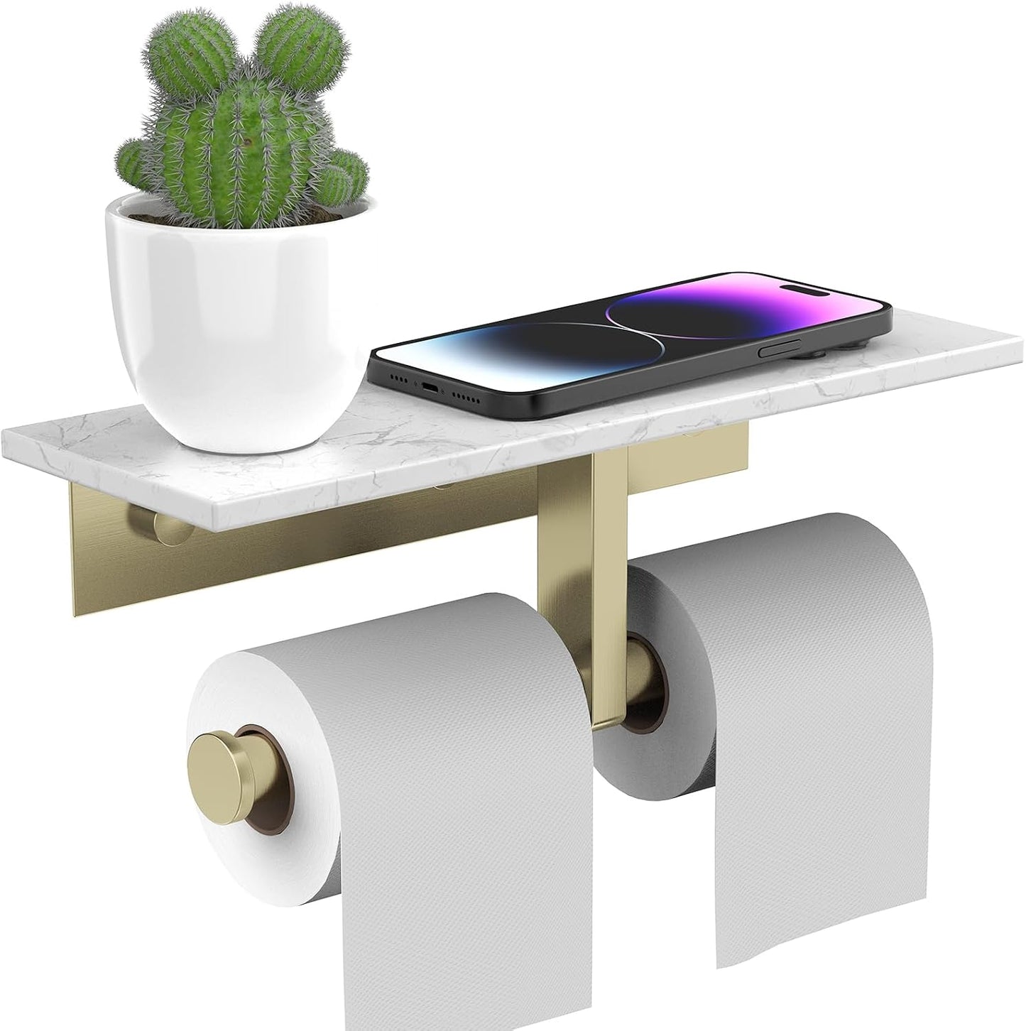 BWE Brushed Gold Toilet Paper Holder with Marble Shelf Wall Mounted | Toilet Paper Roll Holder with Phone Shelf 304 Stainless Steel Tissue Holder for Bathroom Washroom,Saving Space